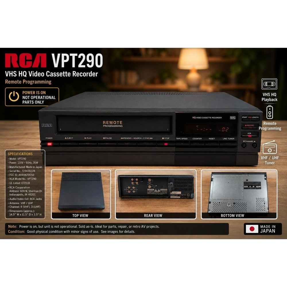 RCA VPT290 VHS HQ Video Cassette Recorder Remote Programming Japan Parts Repair
